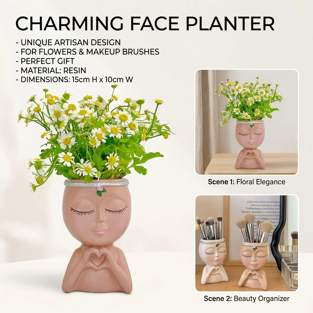 Creativity Flower Pot Resin Girl Face Planter With Drainage Hole Cute Unique Desktop Succulent Planter For Indoor Outdoor Decor