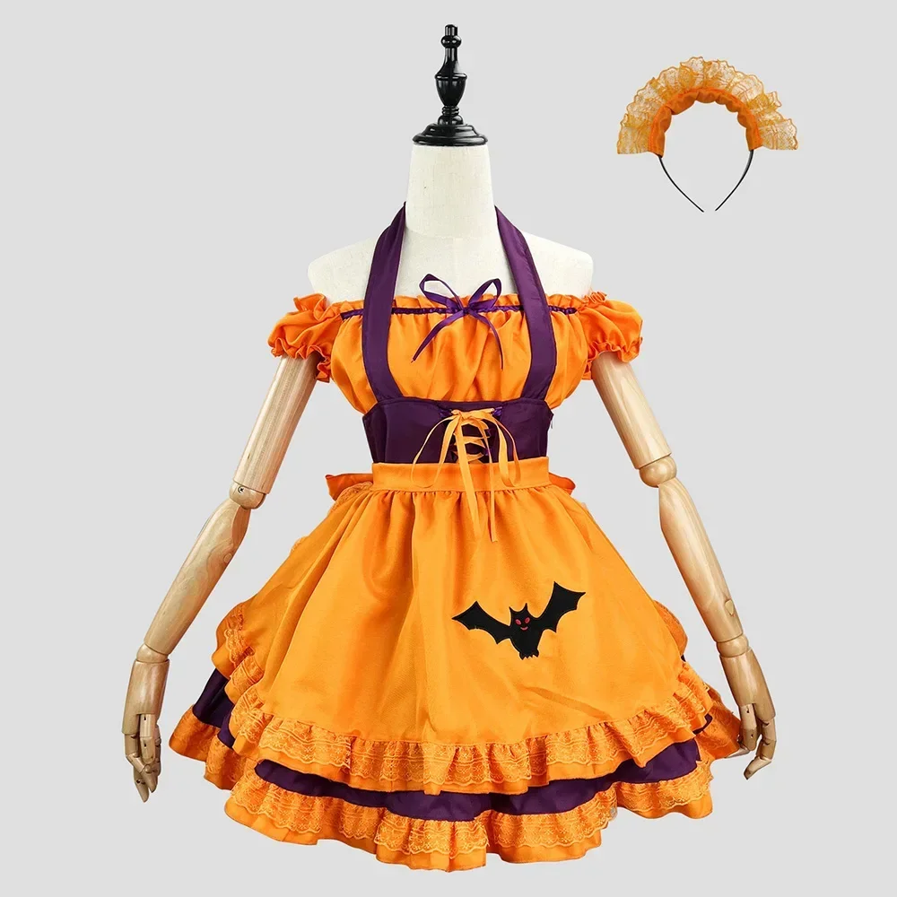 Orange Cute Bat Lolita Maid Dress Costume Cosplay Magic Witch Vampire Maid Dress Suit For Maid Halloween Party Costumes S -5XL