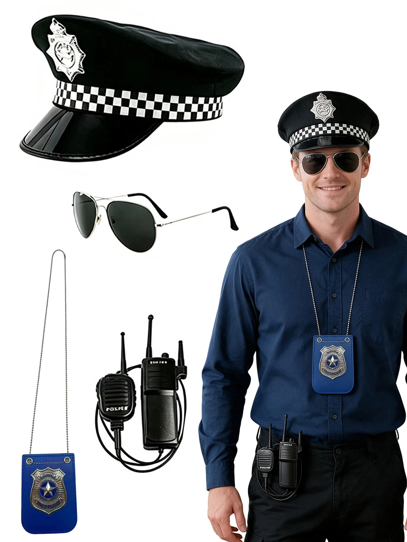 Adult Police Cosplay Accessory Kit Police Hat Sunglasses Badge Holder Simulation Walkie‑talkie for Halloween Carnival Party Fanc