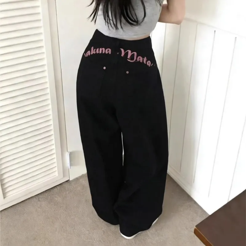 Retro Embroidered Letter Printed Jeans 2026 Spring Women's New Style Sweet Cool Spicy Girl High Waist Straight Lady Skinny Pants
