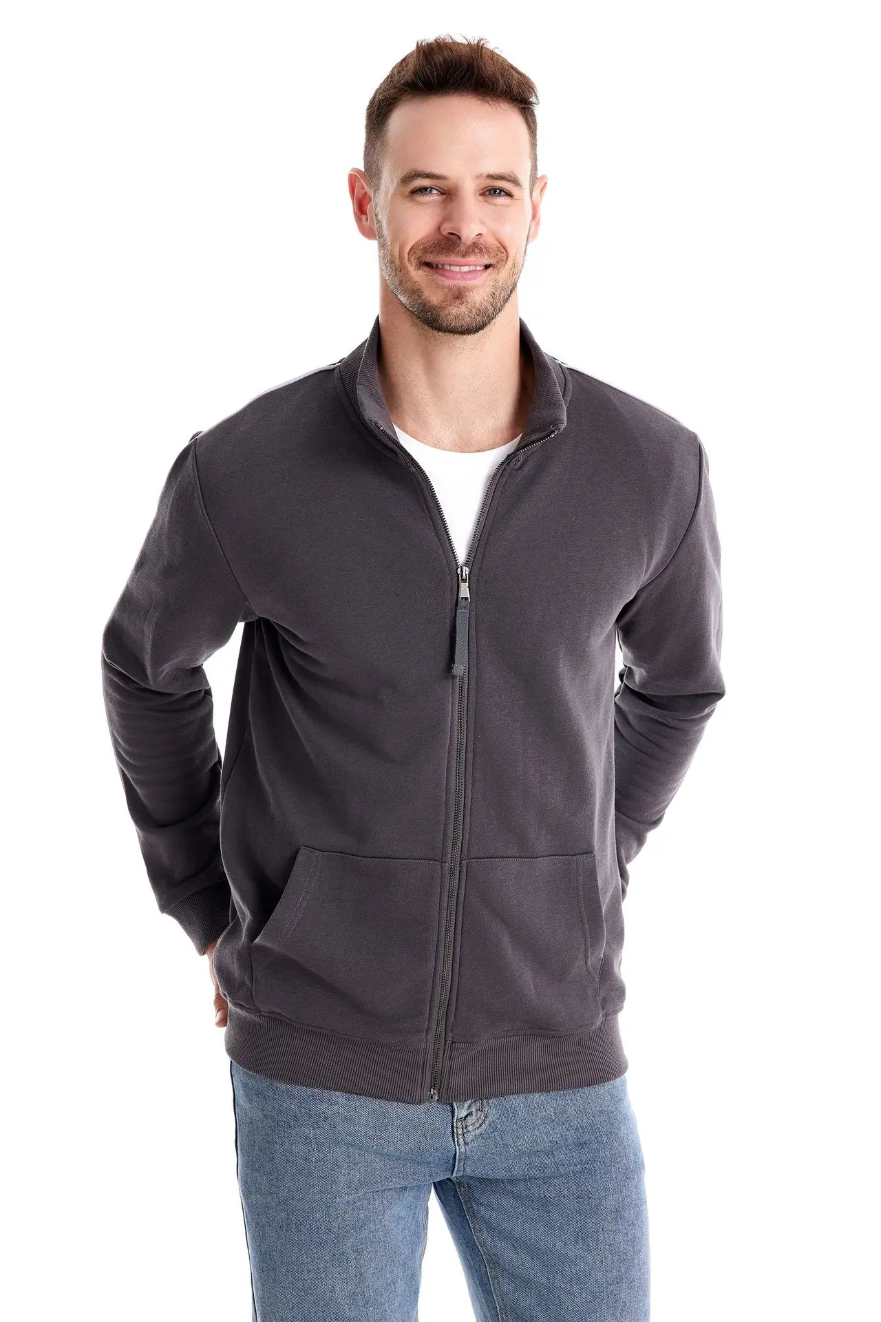 Autumn Winter Stand Collar Zip-Up Long Sleeve Sweatshirt Men's Color-Block Sportswear