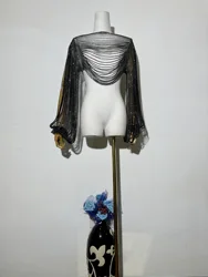 New Europe and America Hot Sexy Women Diamond Chain Tank Top Long Sleeve Holiday Bling Bling Rhinestone Bodycon Poncho Pullover