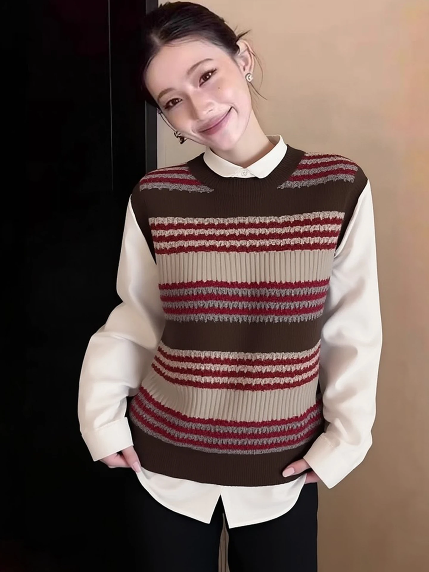 

Retro Striped Knitted Vest round Ne Svel Top Casual Outerwear for Women Spring 2026 Commute Sle Loose Fit Regular L...