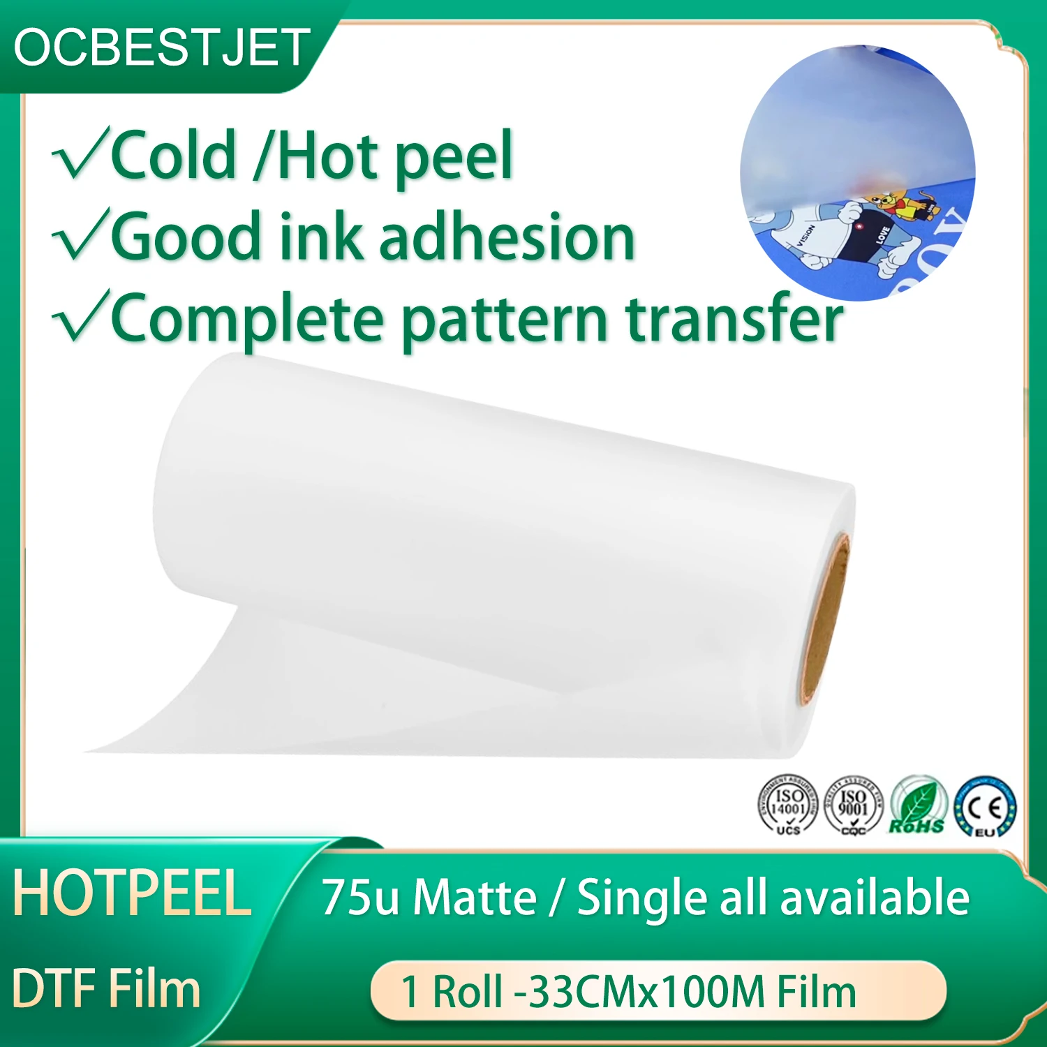 DTF Film Roll 33cm 100m DTF Direct to Film Hot Peel Transfer Film Double Glossy Matte PET Heat Transfer Paper Cold T-Shirts