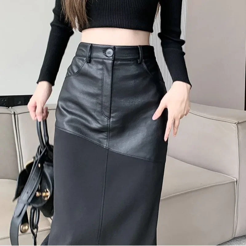 

Midi Skirts Women Leather Patchwork Fashion All-match Ladies High Waist A-line Faldas Tender Aesthetic Temper Seductive Split