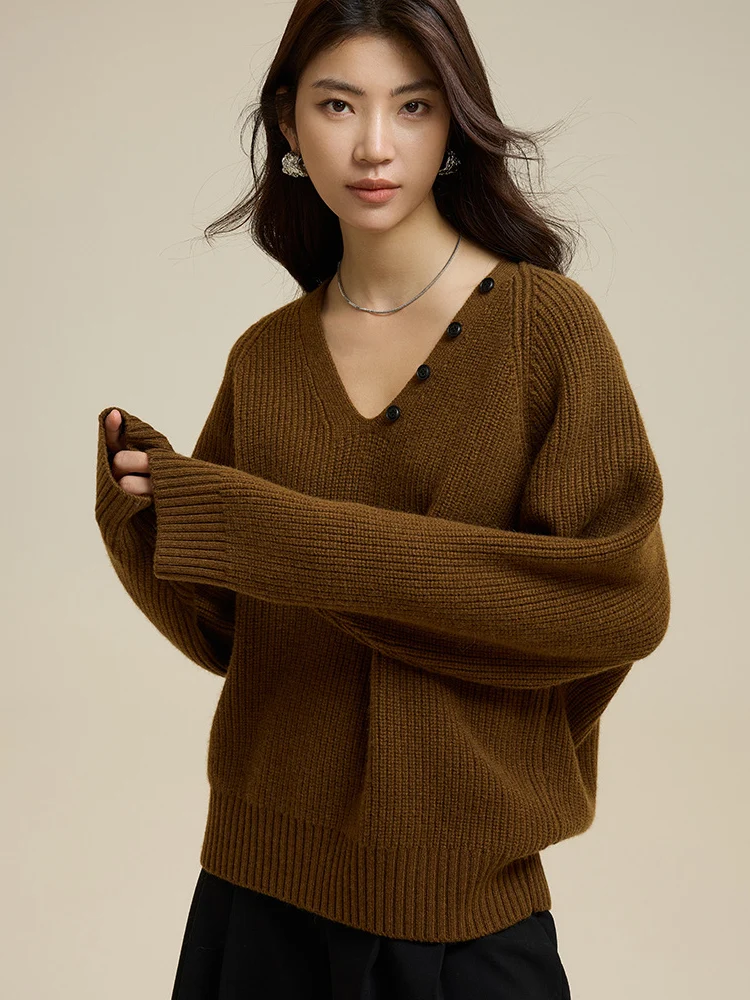 SuyaDream Woman 100%Wool Pullovers, V Neck, Scarf, Heavy Knitting Sweaters, 2024 Fall Winter Warm Top, Wine, White