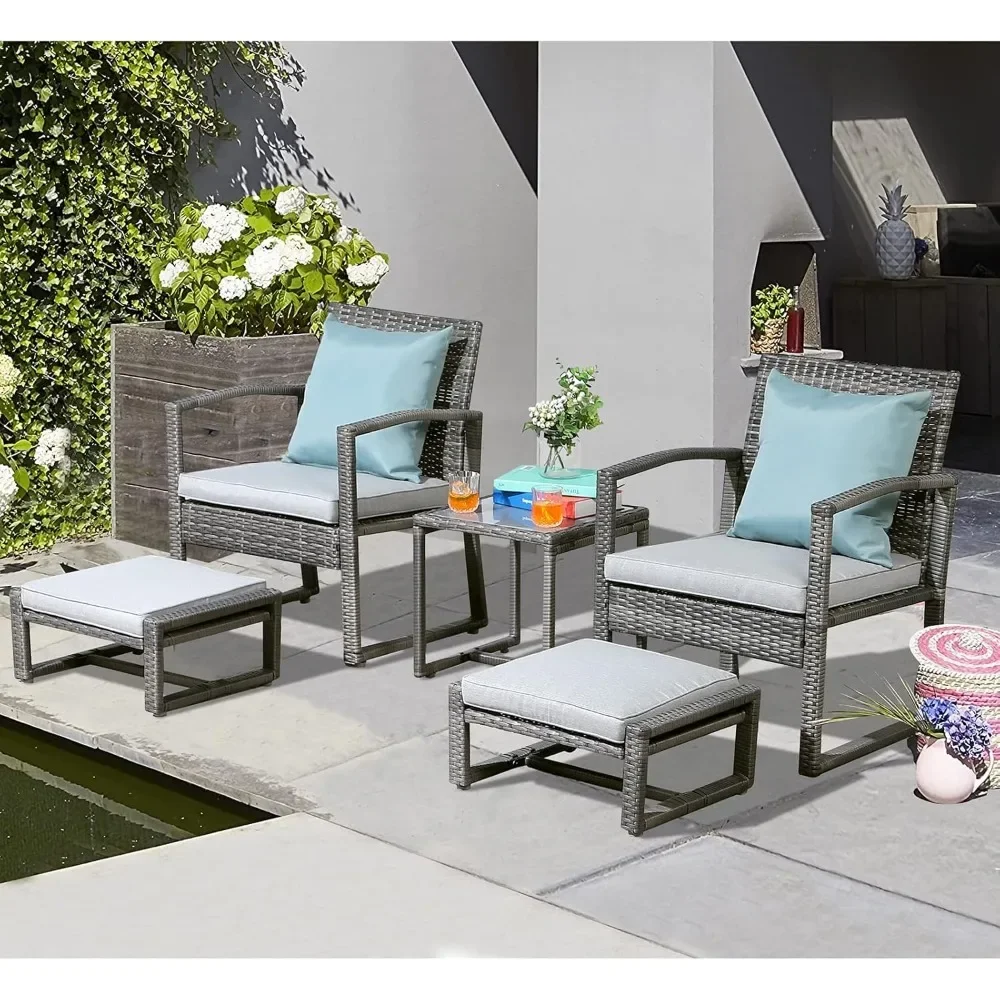 

5 Piece Patio Wicker Furniture Set, W/Coffee Table, Space Saving Design, All Weather PE Rattan Chair and Ottoman Footstool Set