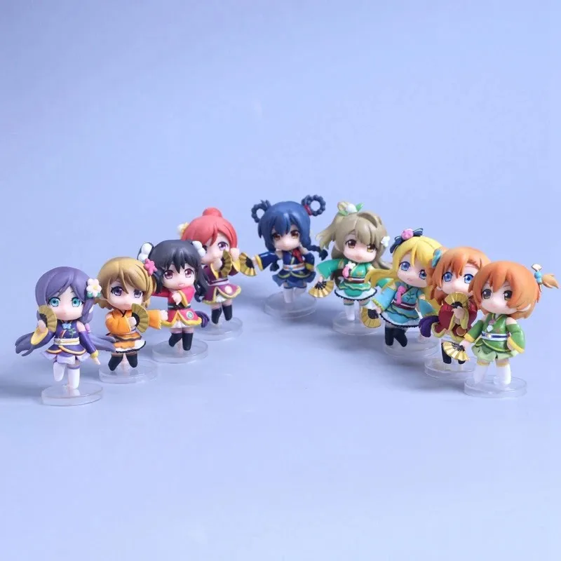 9Pcs/1Set Q Version Anime Figure Love Live! School Idol Project Kotori Minami Honoka Kousaka PVC Cute Kimono Standing Figure Toy