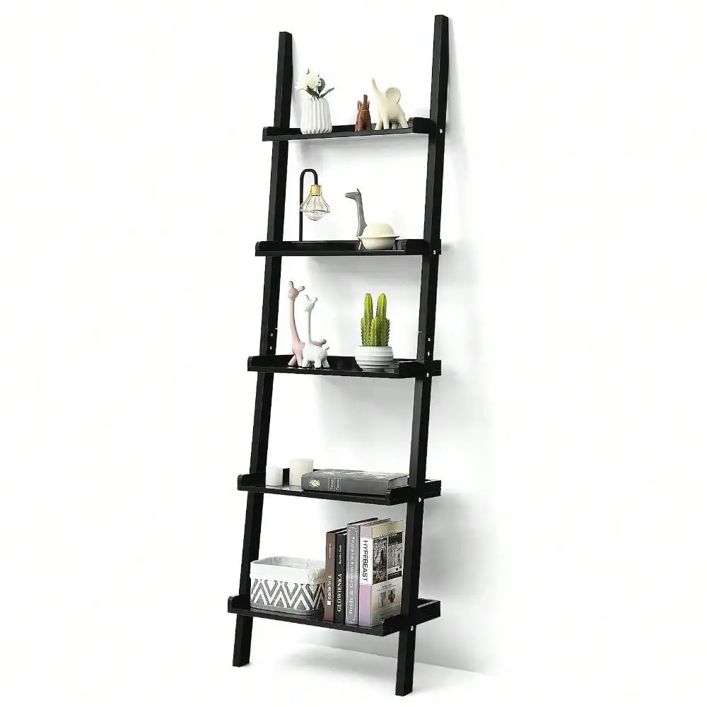 Ladder Shelf 5-Tier Plant Stand Wall-leaning Bookcase Display Rack Black