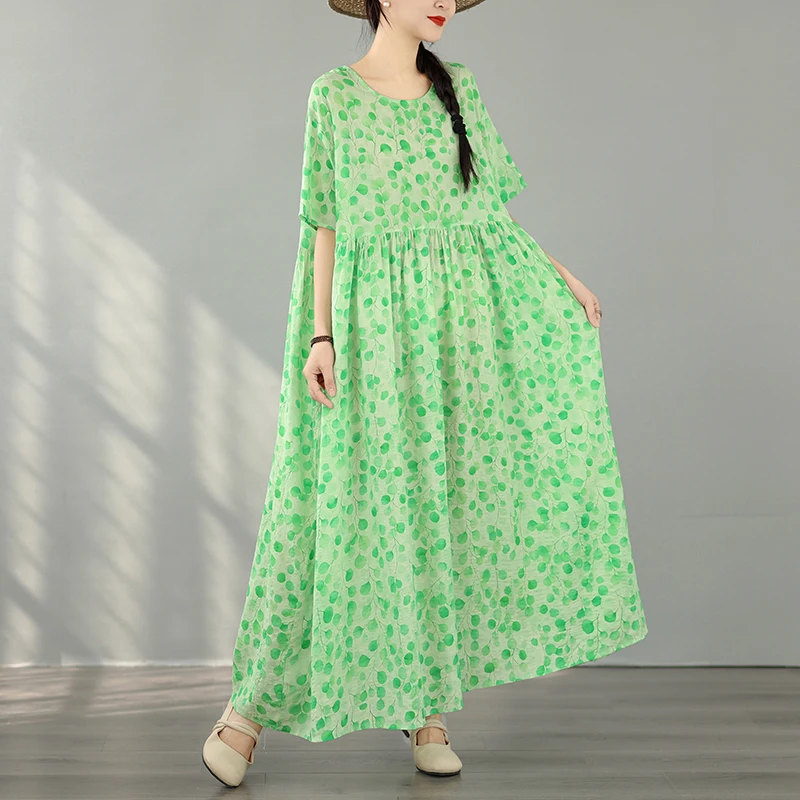 Bohemian Print Maxi Dress round Neck Short Sleeve plus Size Summer Fashion Simple Elegant Women's Dress Casual Commute Wear