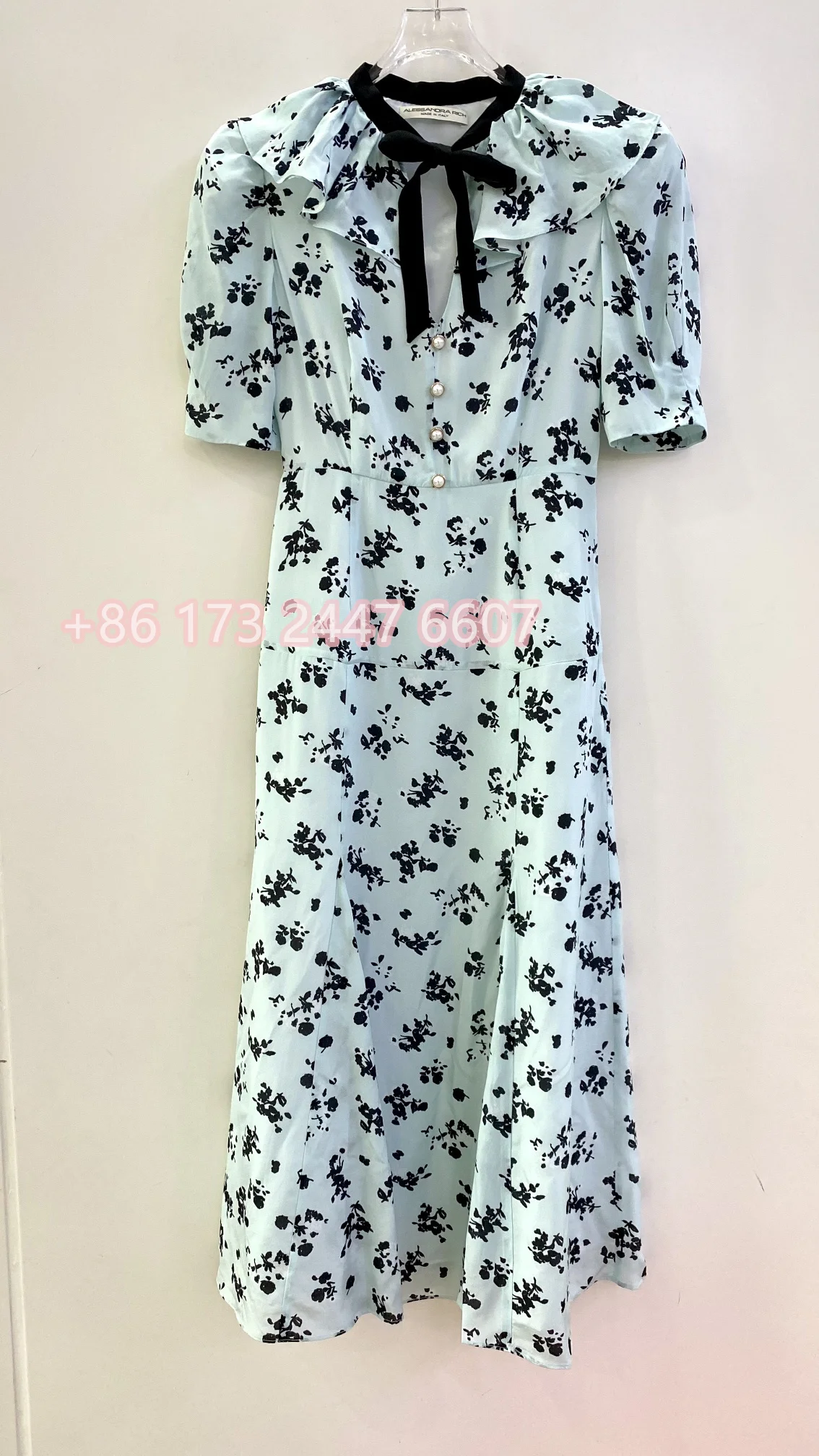 Alesa*Rich* Summer/Spring Women Dress Silk Ribbon Lantern Short Sleeve Light Blue Vintage High Waist Office Lady Patchwork