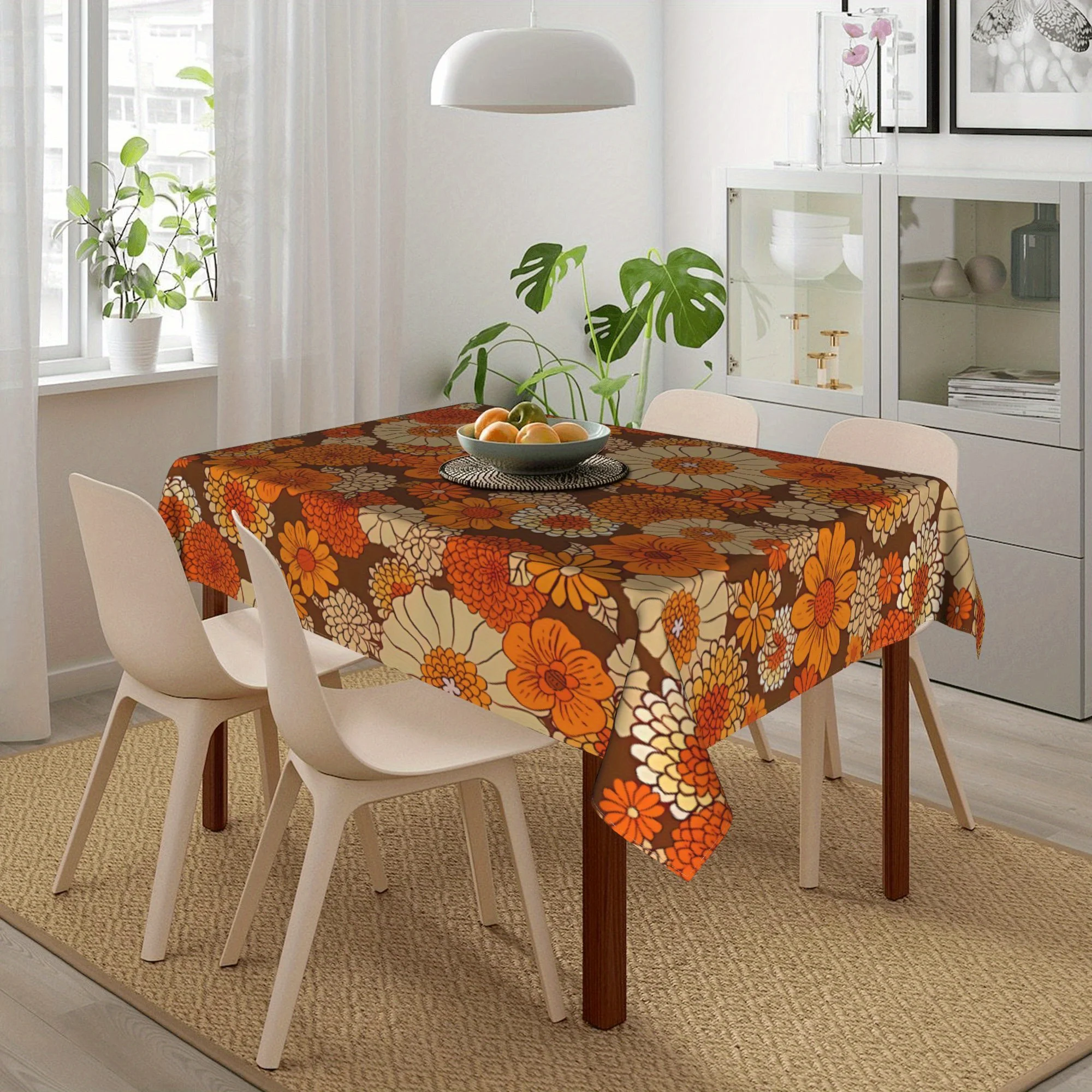 1pc 70S Retro Daisies Flower Power Orange And Brown Table Cover Washable Vintage Style Tablecloth Machine Home Decor
