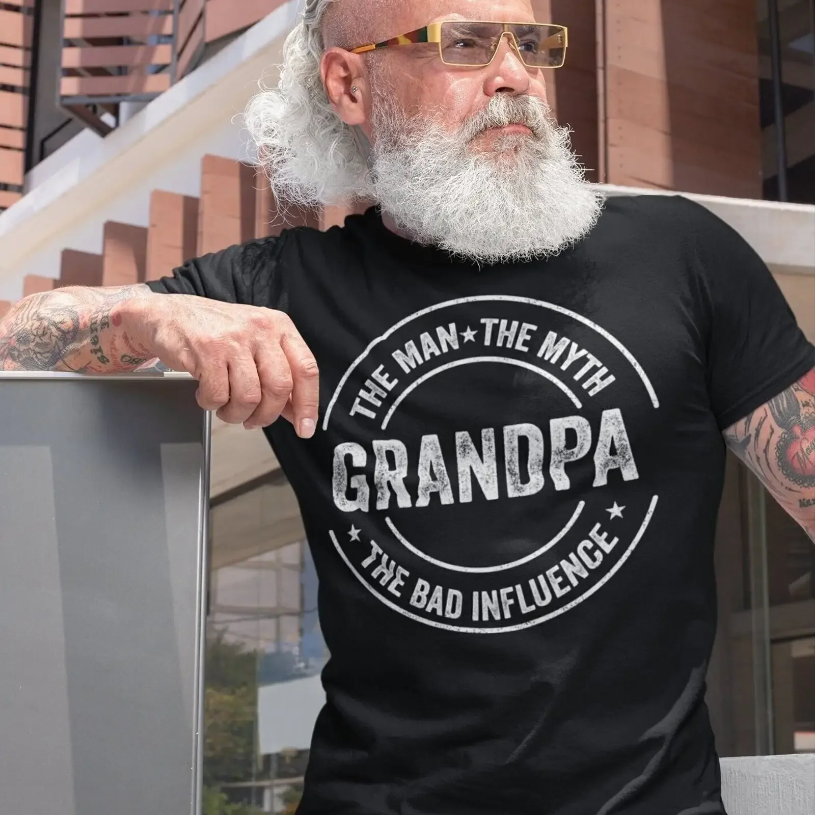 Men's Grandpa The Man Myth Bad Influence T shirt Funny Sarcastic Grandfather for vintage Washed Unisex Top For Everyday Wear
