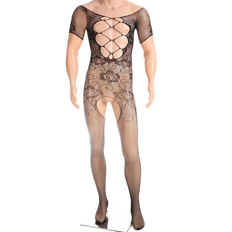 Men\'s Sexy Porn Fishnet Mesh Catsuit BDSM Crotchless Erotic Costume Gay Seduction Open Crotch Bodysuits Sissy Passion Set