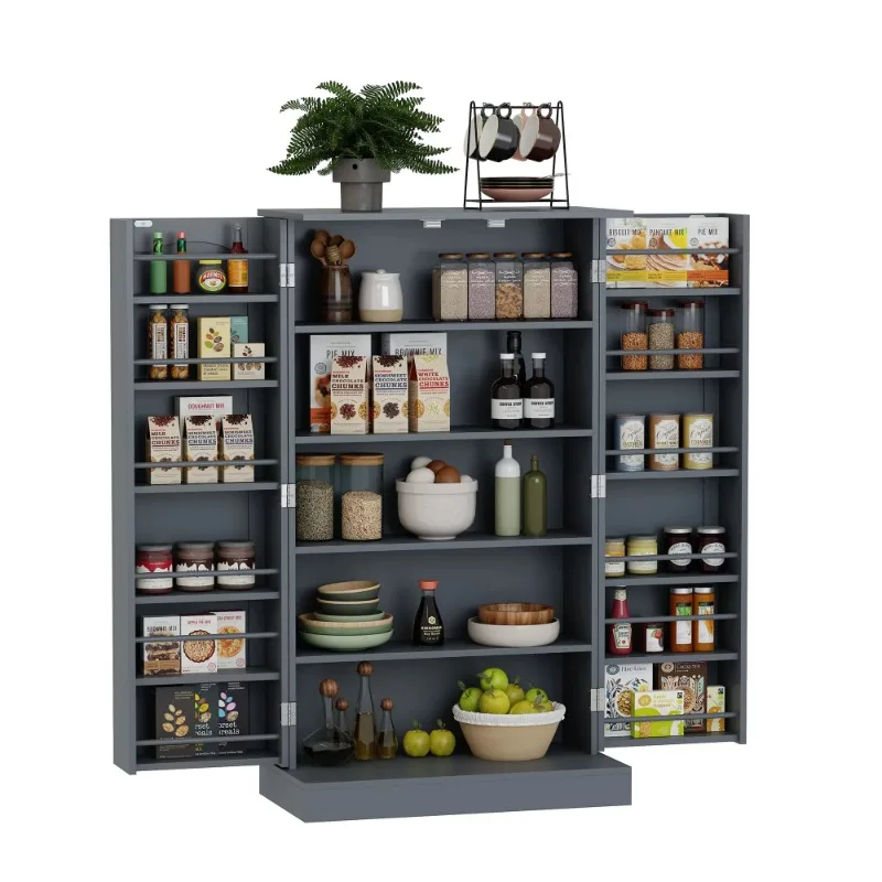 

Kitchen Pantry Storage Cabinet, 6 Adjustable Shelves, 2 Doors, Gray