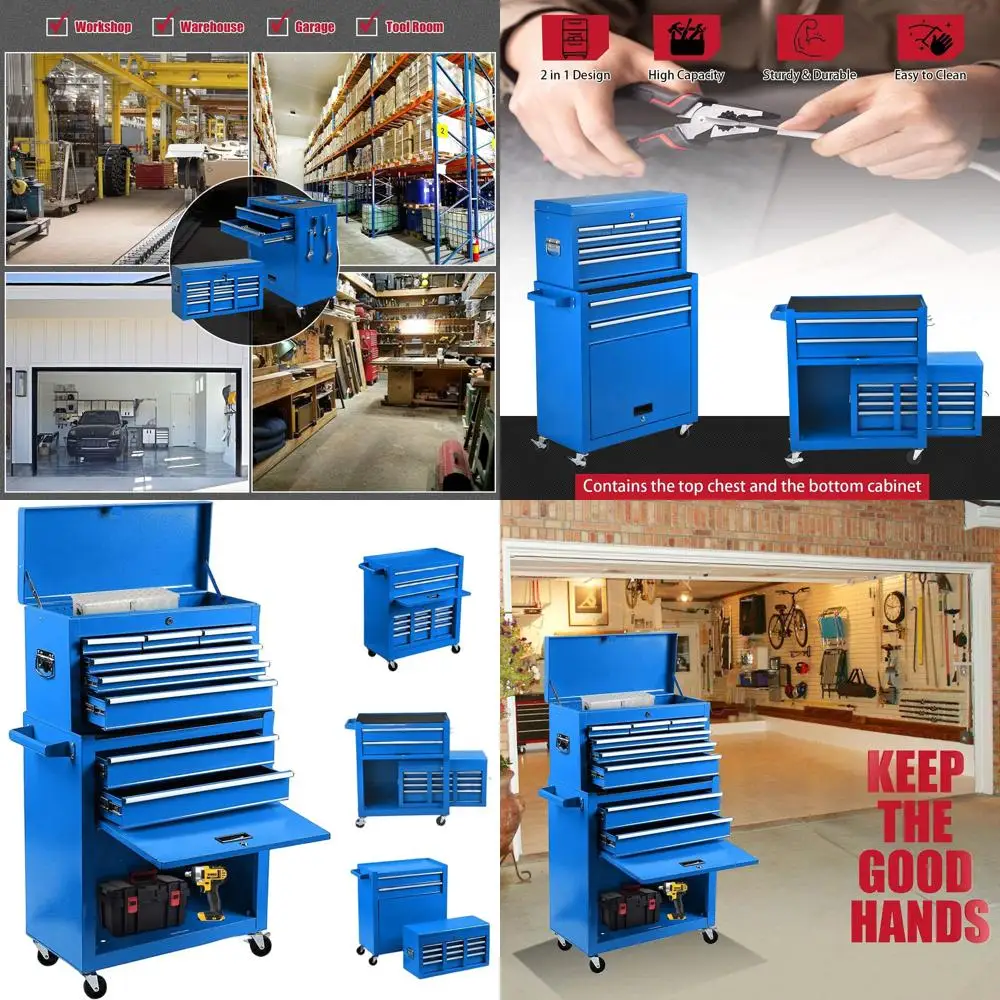 

4-Wheel Lockable 8-Drawer Tool Chest with Detachable Organizer for Garage & Workshop Storage (Blue)