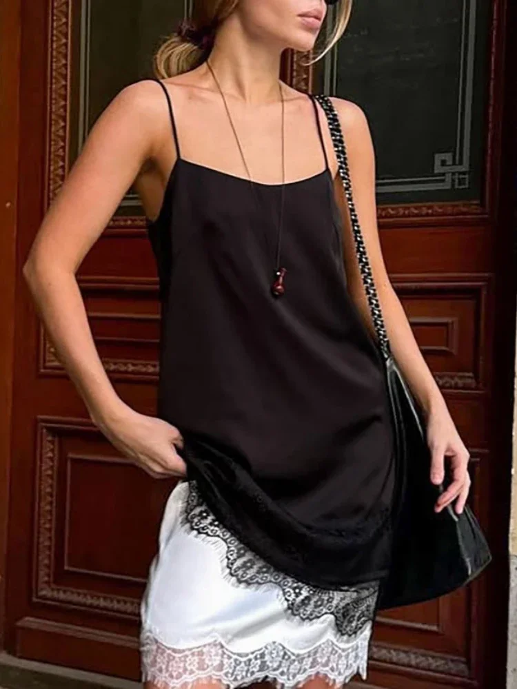 

Black Lace Fashion Mini Dress For Women Backless Slim Patchwork Summer 2025 New Solid Commute Dress Female Spaghetti Dress