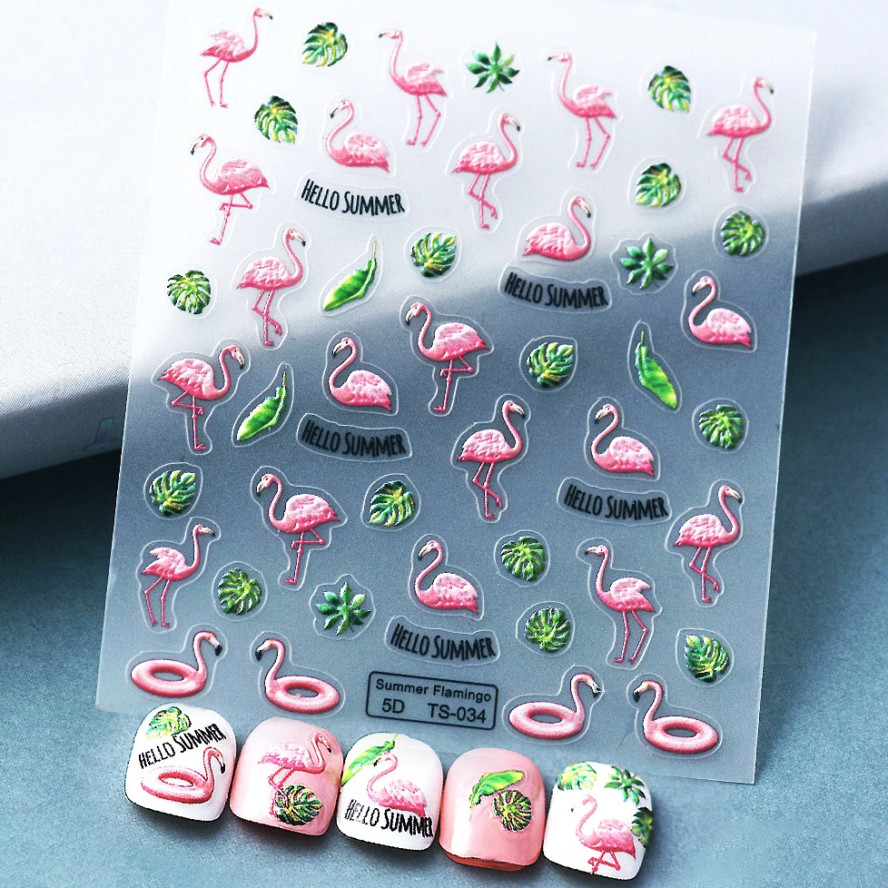 Vivid Red Flamingo Turtleback Bamboo Green Leaf  5D Nail Art Sticker Decoration Beach 3D Self Adhesive Makeup Woman Phone Decal