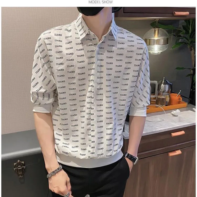 Fashion Printed Lapel Spliced Half Sleeve Letter Shirts Men\'s Clothing 2023 Summer New Casual Pullovers Tops Korean Shirt