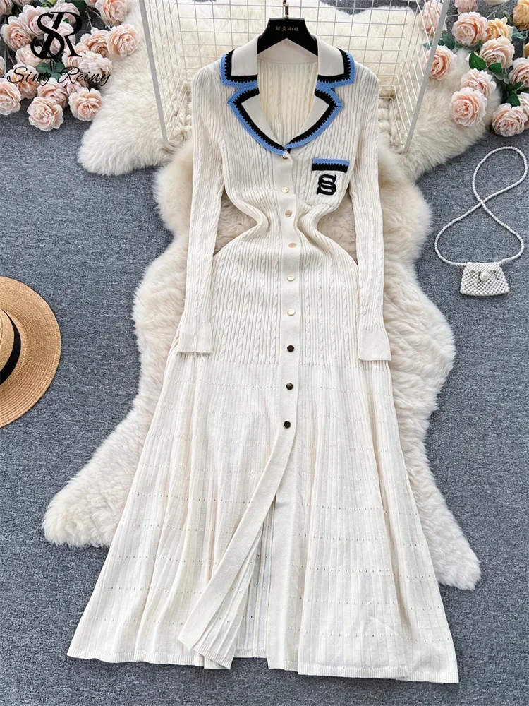 SINGREINY ملابس الربيع فستان المرأة 2025 بولو واحدة الصدر جيب تصميم Bodycon الحياكة مزاجه سترة فساتين طويلة #4