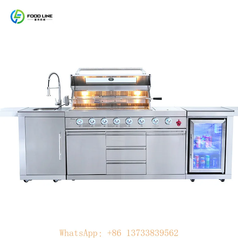 

Современная уличная кухня на заказ с газовым грилем 6 x 12100 BTU из нержавеющей стали, с холодильником, раковиной и устройством безопасности пламени