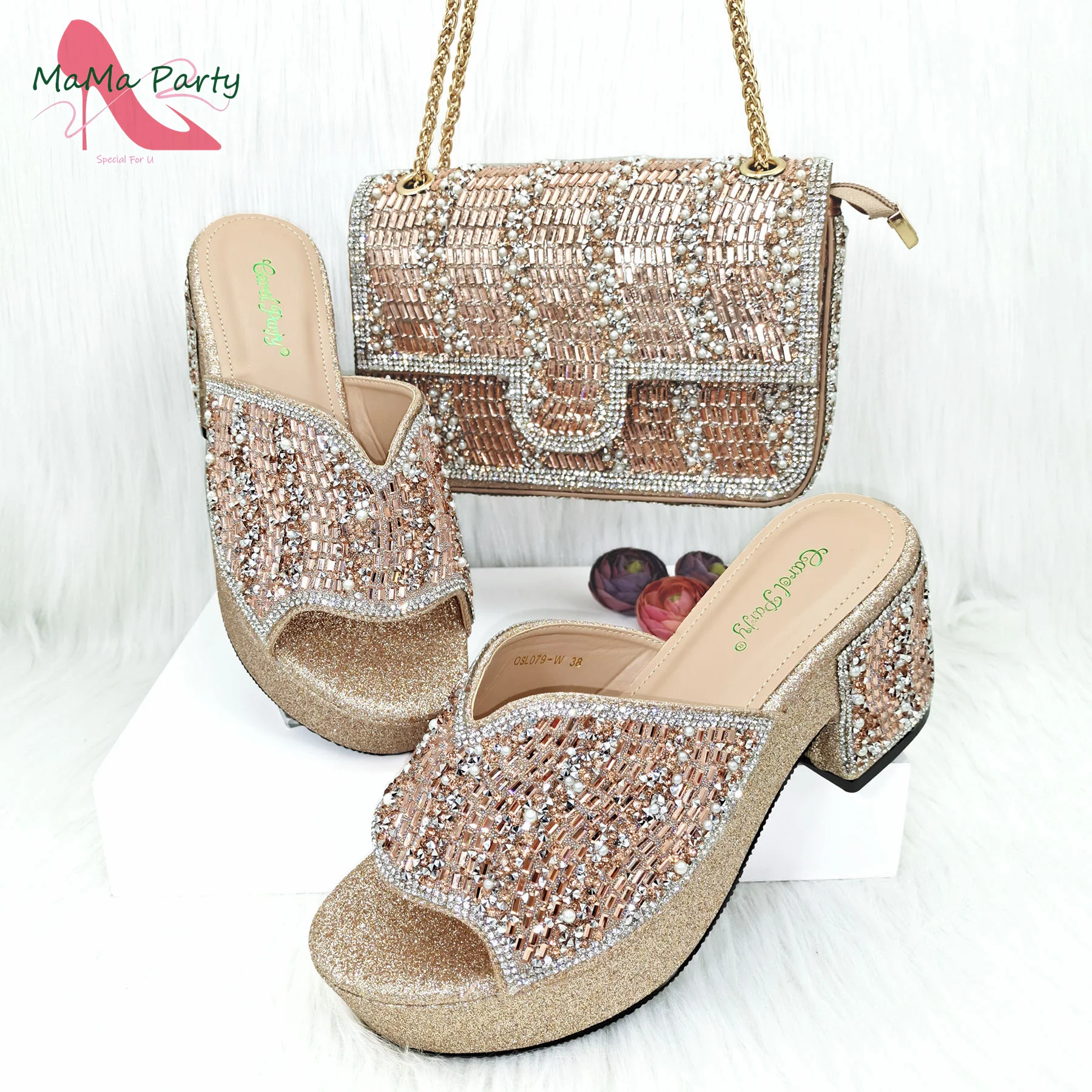 

New Shoes and Matching Bag for Nigeria Party Peach Color for Women Ladies Italian Shoes and Bag Set Decorated with Rhinestone