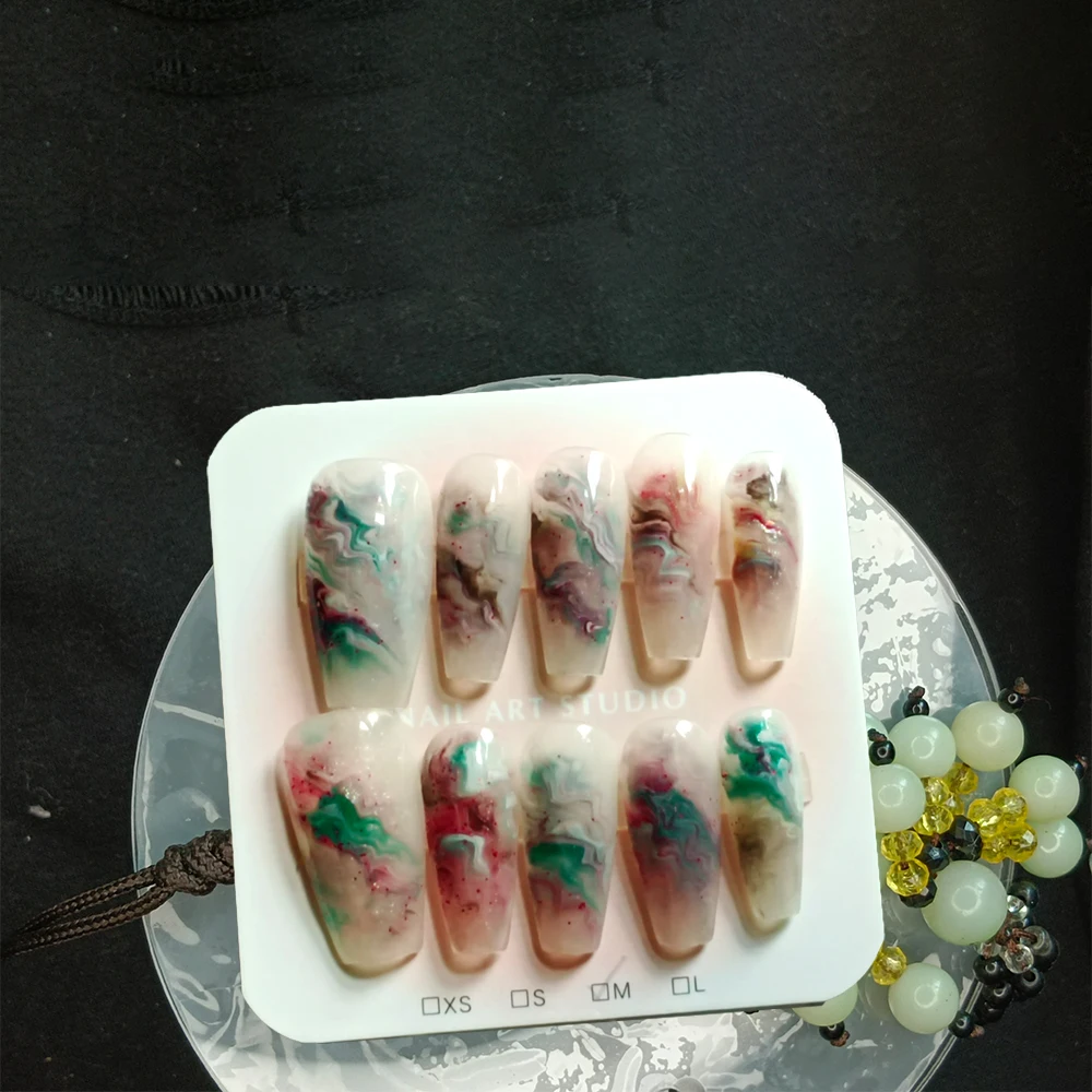 10Pcs Press on N ails  Handmade New Pattern  In Summer The Ice is Cool and Refreshing Misty Wonderland  Smudging Stick-on nail