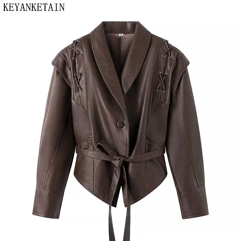 

KEYANKETIAN 2024 New Women's Artificial Leather Jacket Autumn/Winter Epaulet Decoration With Belt Slim Crop Blazer Outerwear Top