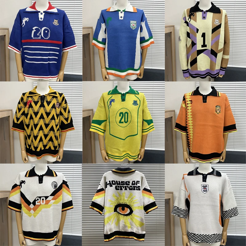 Maglione House of Errors di tendenza europea americana Polo a mezza manica lavorata a maglia jacquard multicolore di alta qualità
