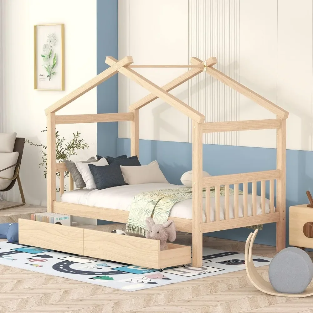 Twin Size Wooden House Bed with Two Drawers, Wood Bed Frame with Roof for Kids, Teens, Boys or Girls, Natural bedroom furniture