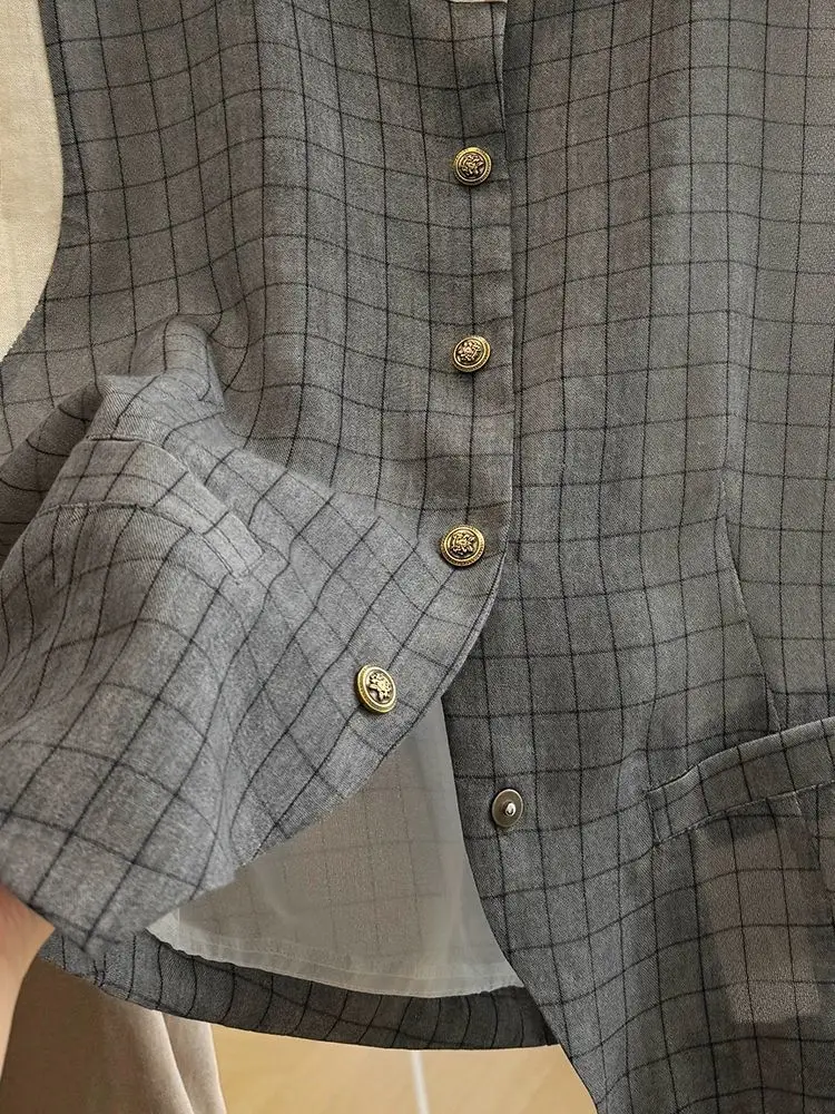 여성 여름 스타일 반팔 탑을 위한 우아한 격자 무늬 겉옷 조끼