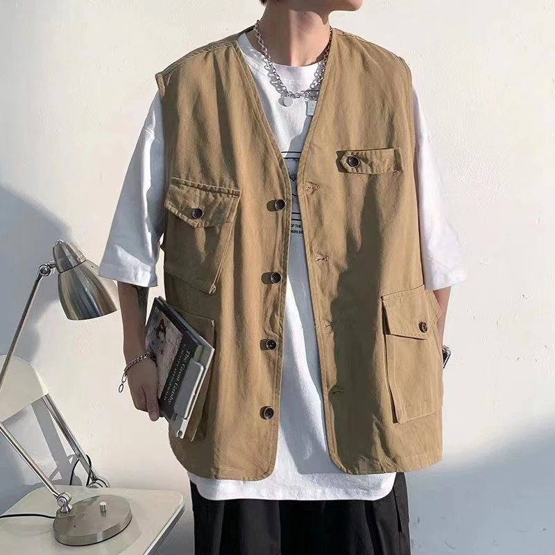 Waistcoat Vest Big Backpack Japanese Vintage Multi-Pocket Vest Men And Women Sleeveless Tide Brand Tooling Jacket