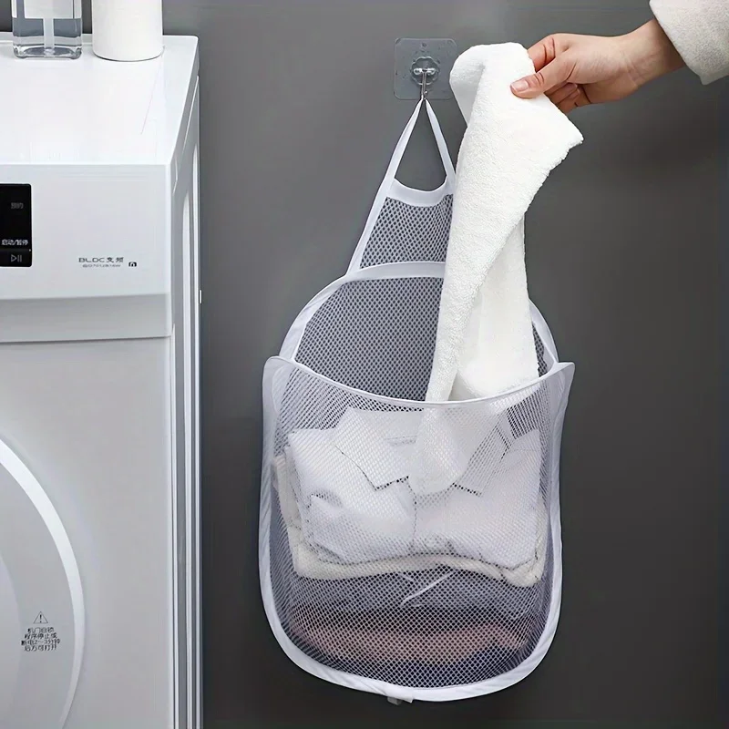 1pc Foldable Laundry Basket, Bathroom Clothes Storage Hanging Bag, Household Wall Mounted Dirty Clothes Basket, Laundry Hampers