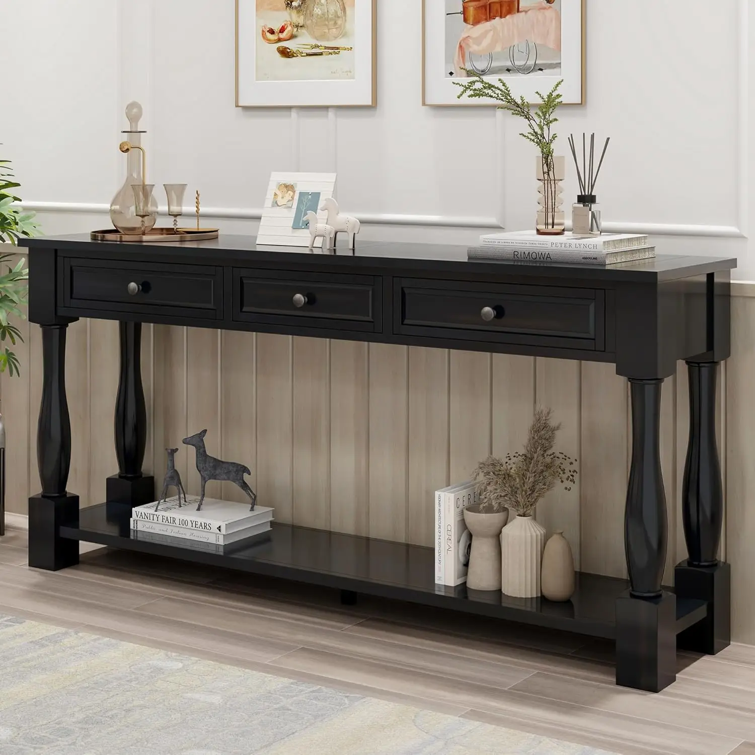 LUMISOL 64 Inch Long Console Table 3 Drawers and Bottom Shelf Sofa Table Entryway Table for Hallway  (Distressed Black)