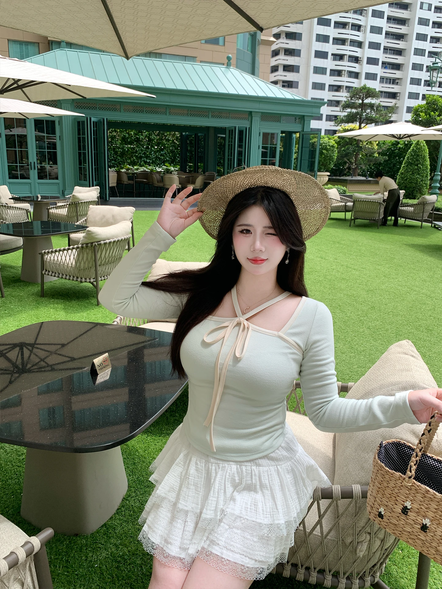 Slimming Long Sleeve Neck Hanging Inner Wear for plus Size Women Bubble Style Fashionable Korean Style Bodycon Top