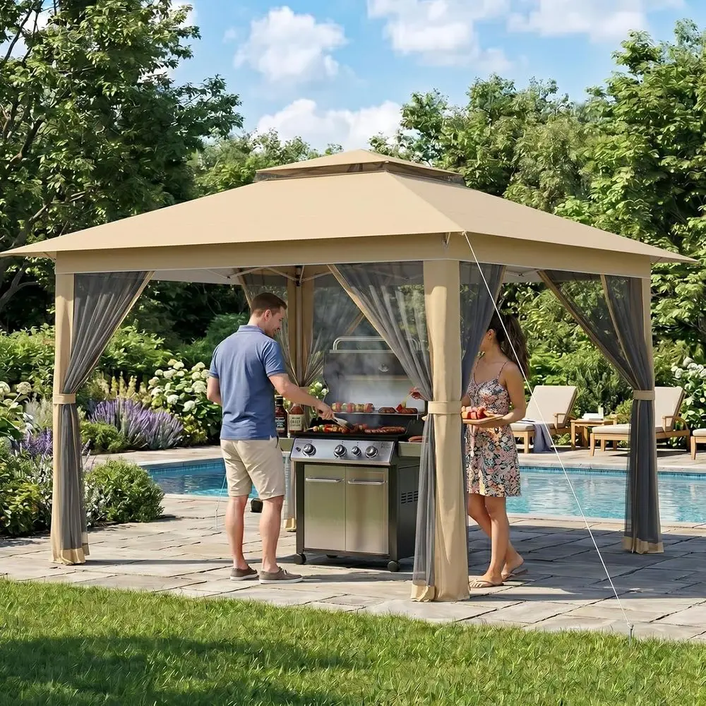 12x12 Sturdy Gazebo with Mesh, Portable Shelter Tent for Outdoor Grilling and Backyard Events