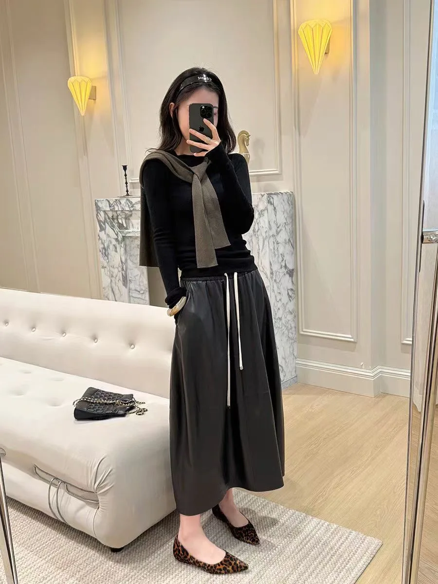High End Women Oil Wax Genuine Leather Sheepskin Long Bud Skirt Elastic Waist Drawstring Wrapped Jupe Mujer Mid Length Mid Calf