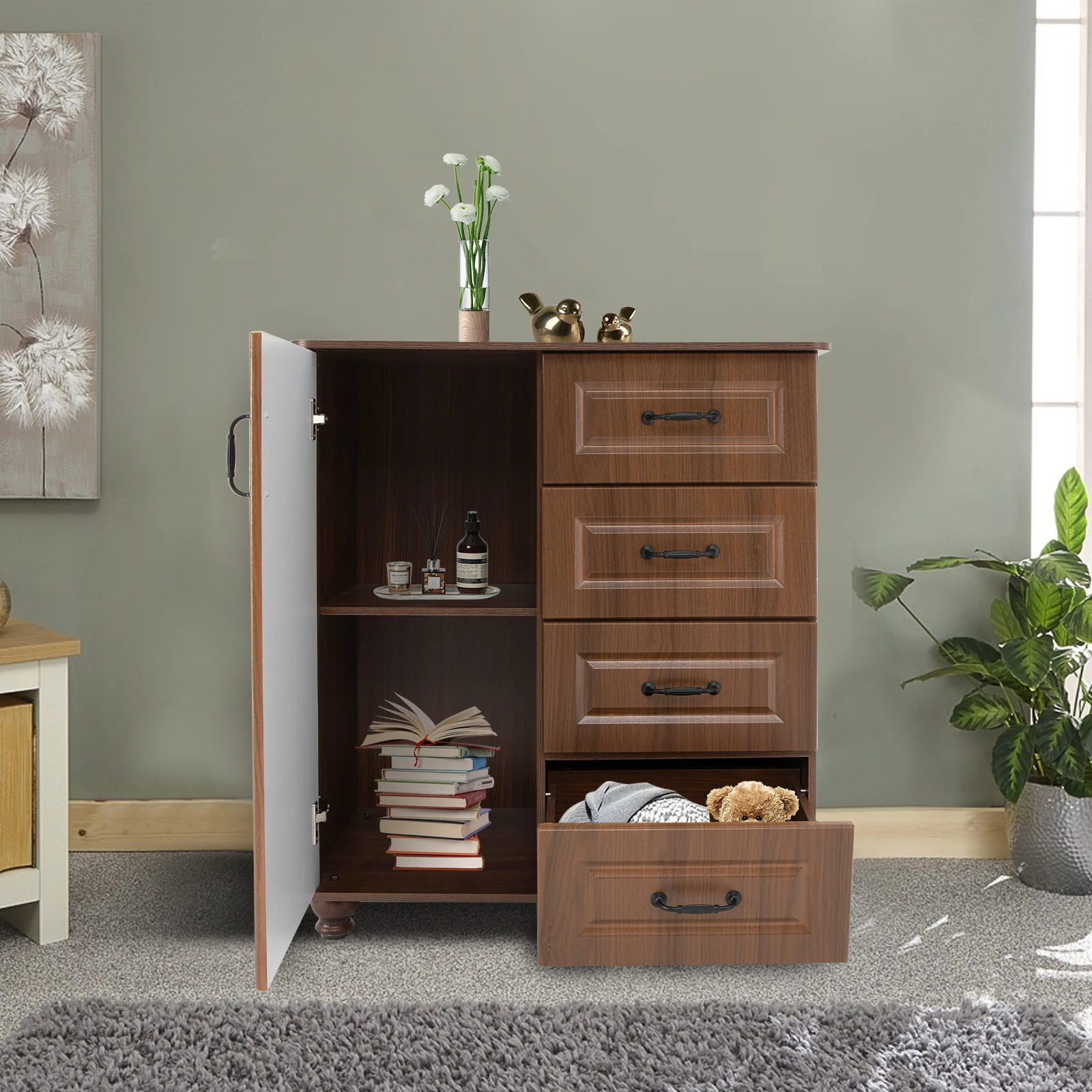 Distressed Dark Walnut Sideboard Buffet with Single Door Storage - Elegant Tall Cabinet for Living Room, Kitchen