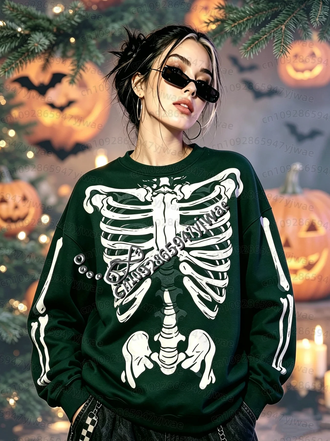 26 Damen Grunge Y2k Oberteile Mädchen Y2k Sweatshirt Goth Damen Hoodies Halloween Cosplay Skelett Knochen Vintage O-Neck Sweatshirt – Detail 8