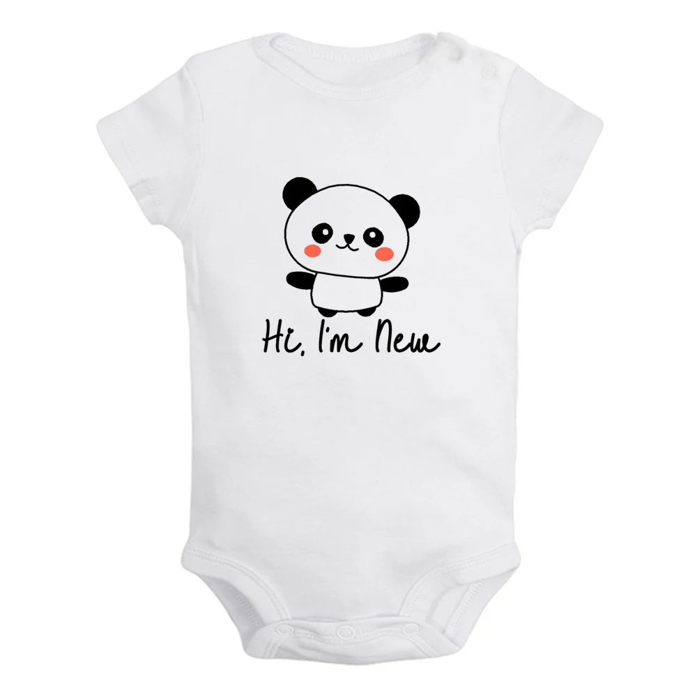 iDzn New Hi, I'm New Panda Fun Graphic Baby Bodysuit Cute Boys Girls Rompers Infant Short Sleeves Jumpsuit Newborn Soft Clothes