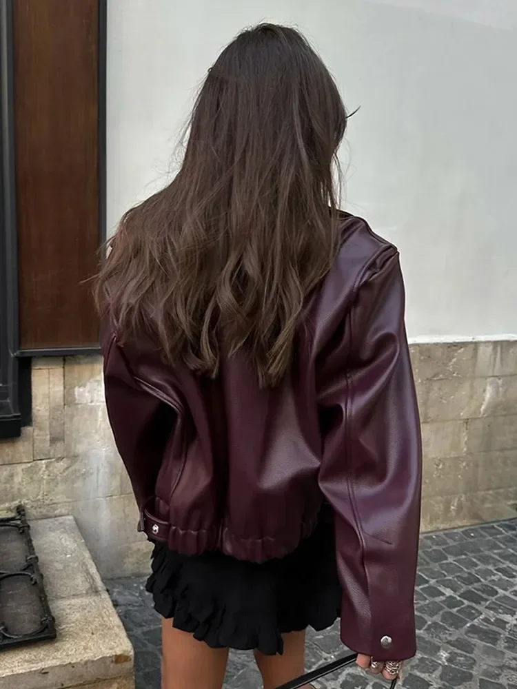 レディース無地ジッパーオーバーコートファッションラペルカラー長袖ルーズショートPUレザージャケット2025秋レディースストリートアウター