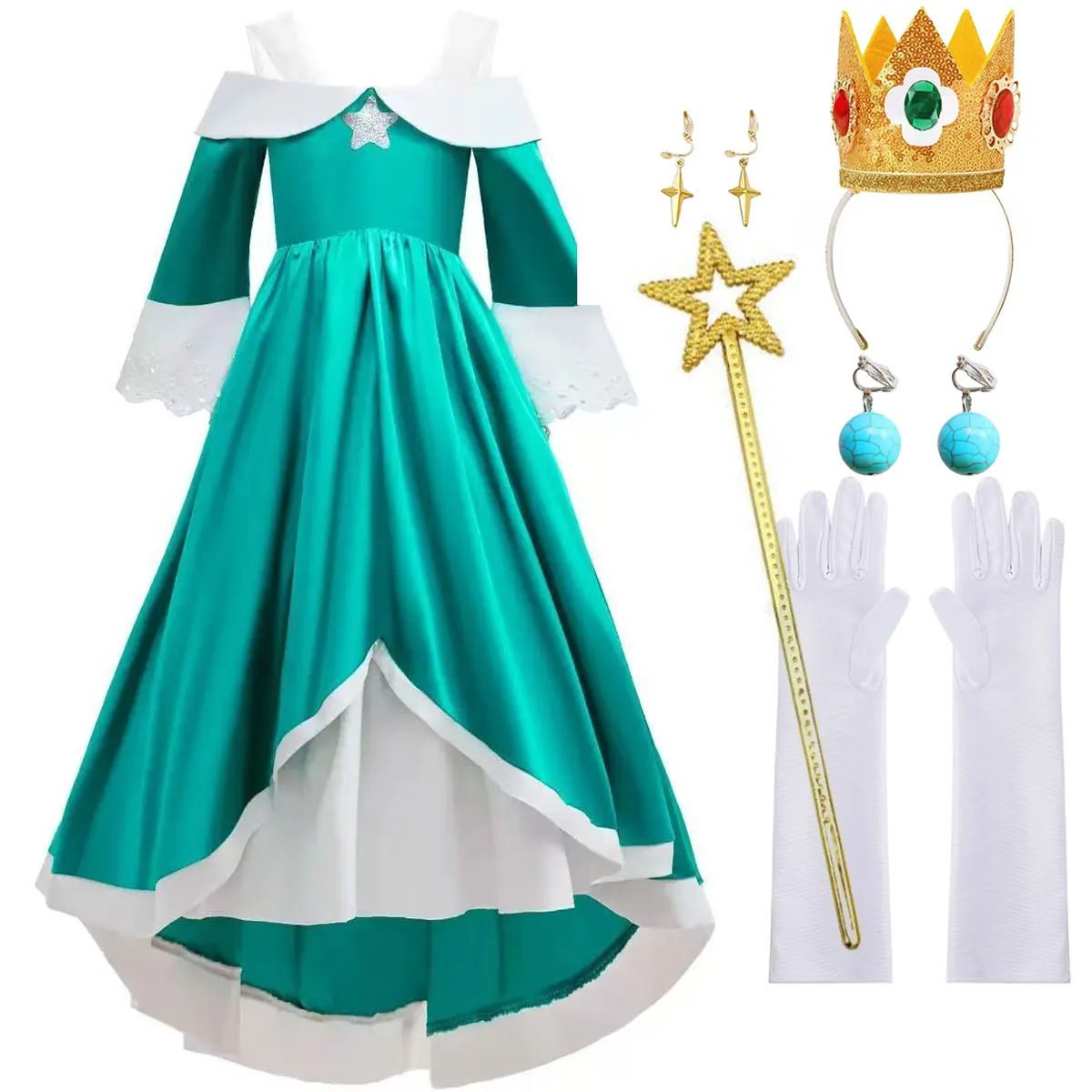 Disney New Rosalina inspiriertes Galaxy-Prinzessinnenkleid mit Kronenstab, Tüll-Ballkleid für Mädchen, Kindergeburtstag, Party, Cosplay-Kostüm-Set