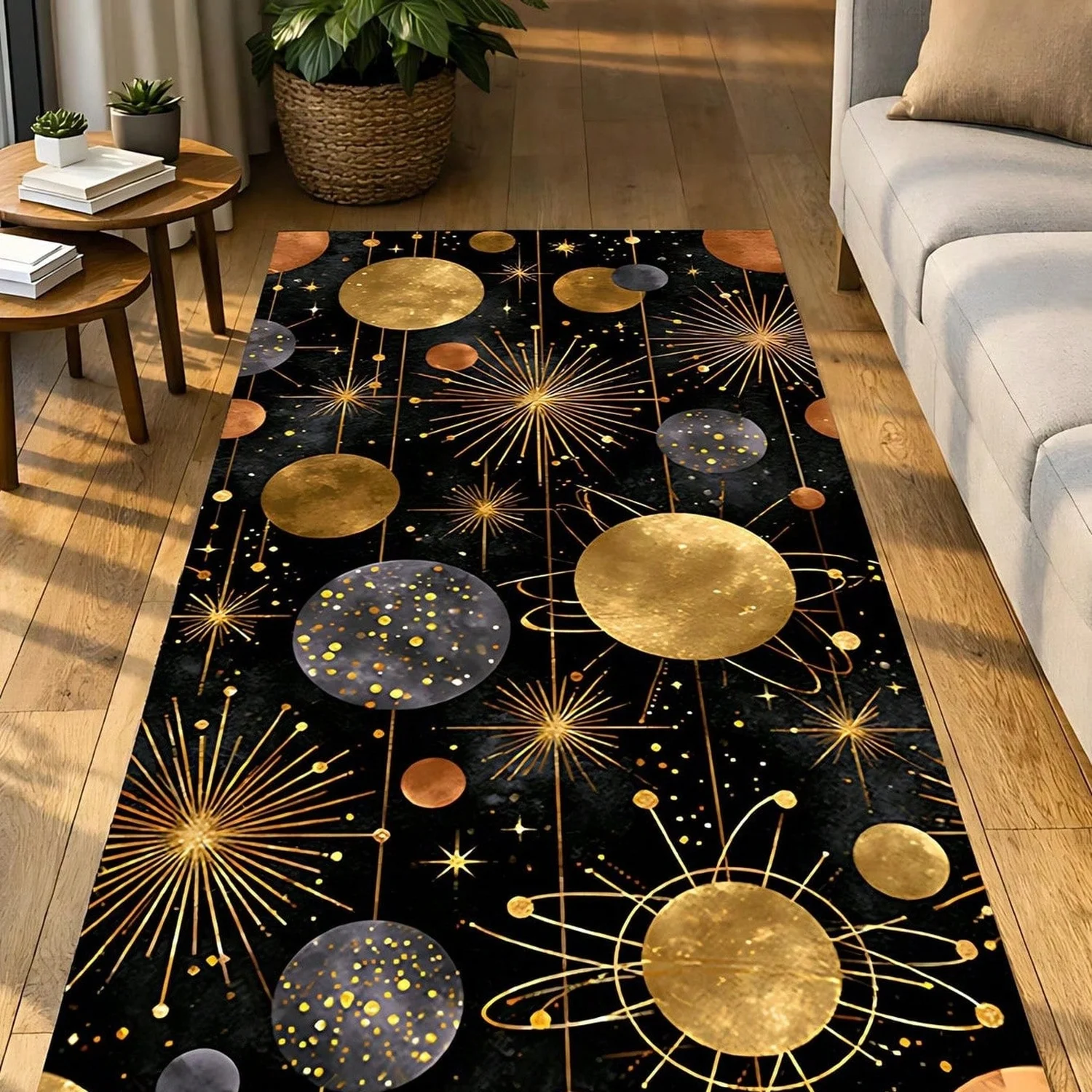 Golden Starry Sky Planet Rug, Black Starburst Galaxy Art, Washable Non-Slip Hallway Carpet, Suitable for Witch Bedroom Entrance