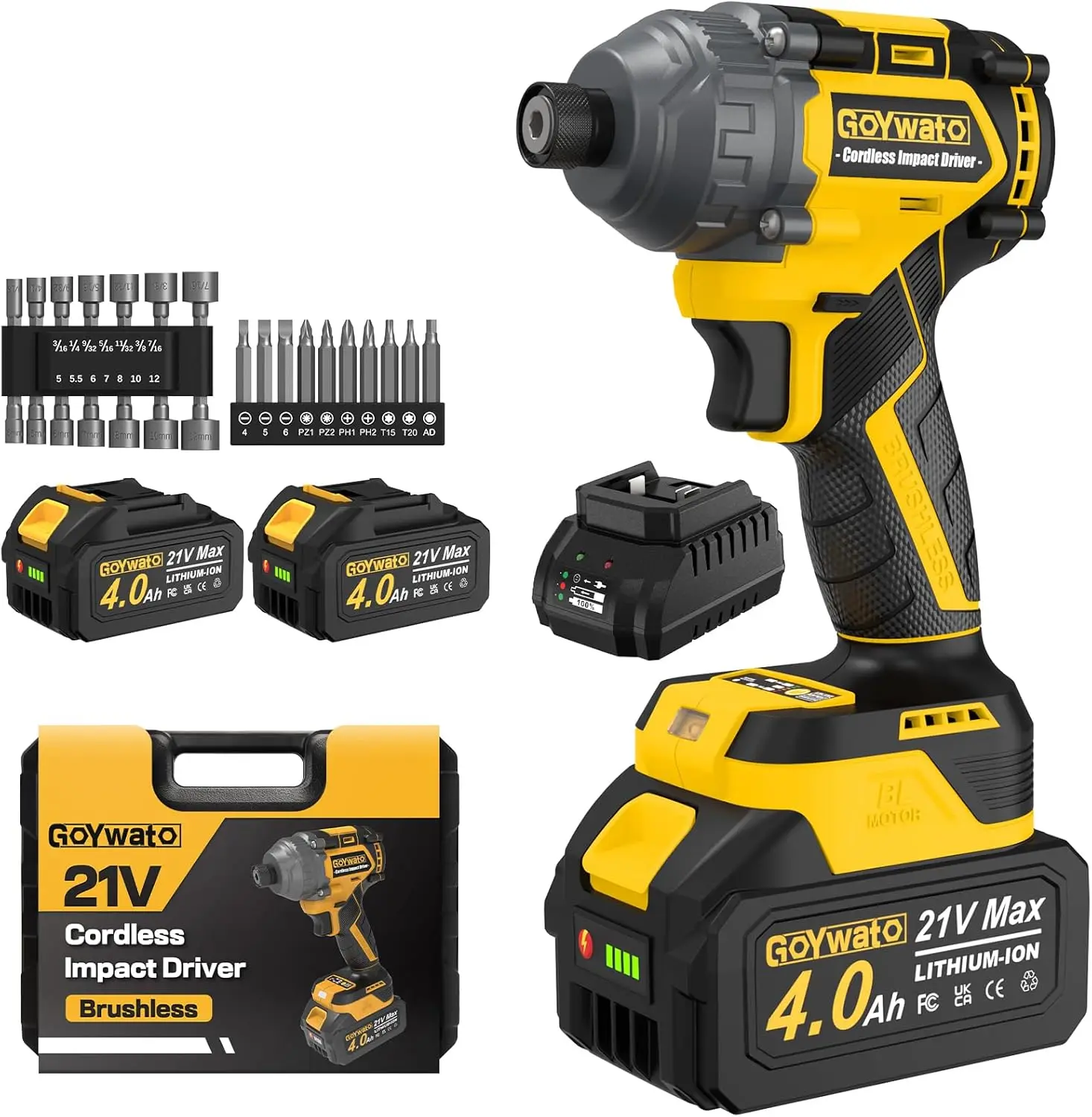 

Cordless Impact Driver 2655 In-lbs 21V Brushless 1/4" Hex Chuck with 2x4.0Ah Batteries Charger 14 Sockets 10 Bits for Home DIY