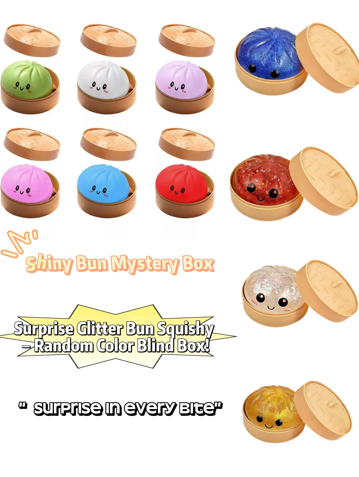 

Shiny Glitter Bun Squishy Stress Relief Blind Box - Cute Random Color Squeeze Toy, Food-style Collectible Decoration
