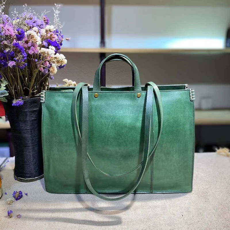 

weekend work luxury genuine leather stitching women's tote bag fashion vintage designer handmade real cow leather big handbag