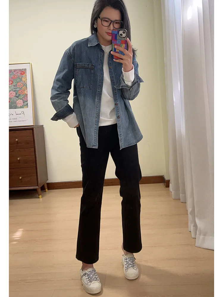 

Легкая хлопковая джинсовая рубашка Betzou Adient Color для женщин, с длинным рукавом, отложным воротником, классическая офисная одежда