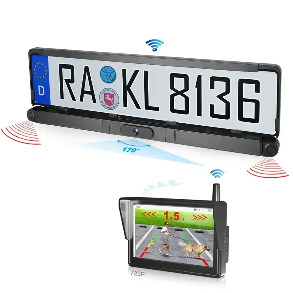 2025Car Reversing Aid 5 inch Solar Digital Wireless European license rear view camera with ultrasonic parking sensors