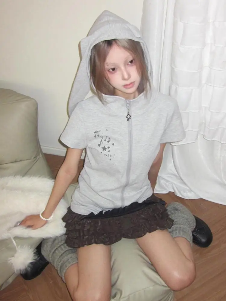 

America Vintage T-shirt Women's Summer Zip-up Sweatshirt Short-sleeve New Bunny Ears Slim Hooded Subculture Y2K Punk Top Hoodies