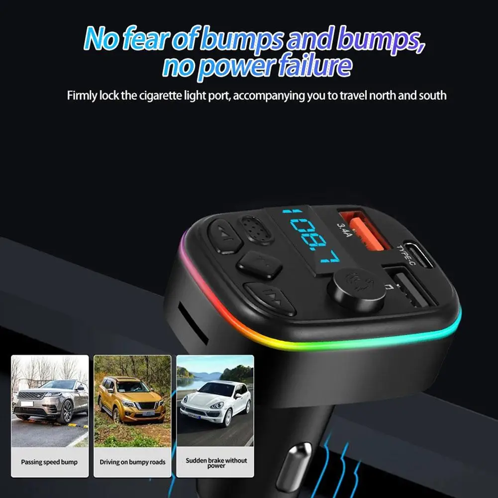 Car FM Transmitter Bluetooth Car Charge Dual USB Port+Type-C Handsfree Call Wireless Aux Audio Radio Modulator MP3 Player